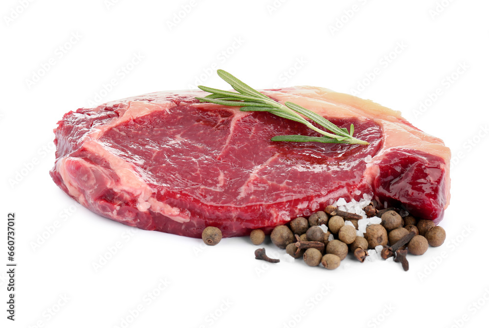 Piece of fresh beef meat, rosemary and spices on white background