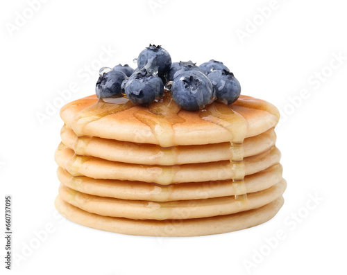 Delicious pancakes with blueberries and honey isolated on white
