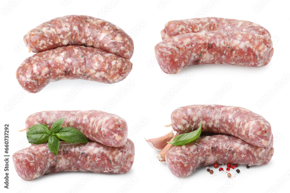 Raw homemade sausages on white background, collage design