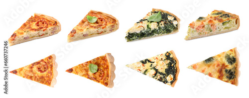 Pieces of different quiches isolated on white, collage with top and side views