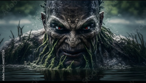 body shot portrait of a mesmerizing bold human swamp creature coming out of the water close up epic imposing beauty4 underwater theme sublime superb breathtaking photography cinematic lighting 