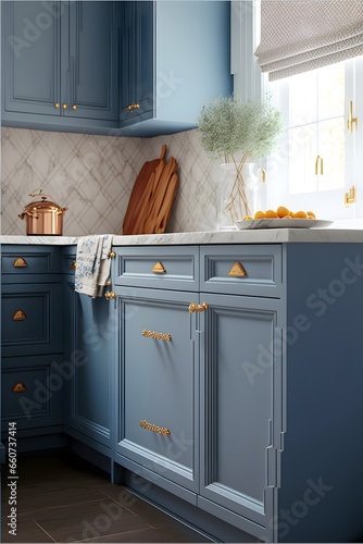 interior design kitchen with blue cabinets and motherofpearl and gold knobs beige marble countertops natural light photorealistic high detail  photo