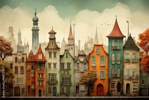 Old town houses with a tower and spire depicted through contemporary digital art painting in a vintage poster style. Generative AI