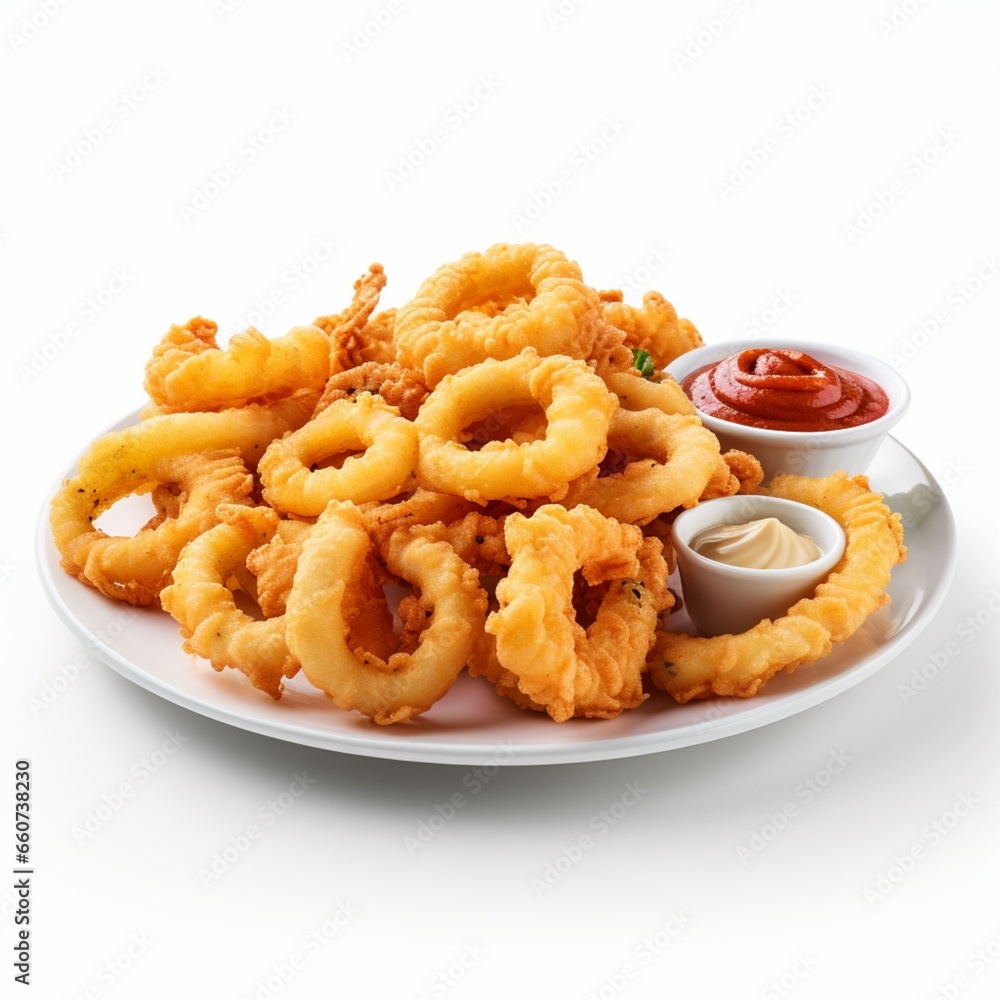 A platter of crispy calamari rings on a white background A platter of crispy calamari rings on a white background