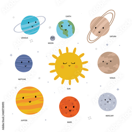 WebPlanets of the solar system. Sun moon and earth and other planets isolated on white background. Captions for each are in English. Flat vector illustration