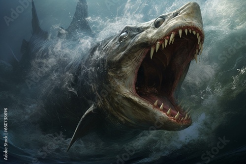 Enormous sea predator aggressively strikes with its mouth wide open. Generative AI