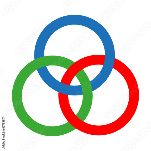 Borromean rings. Three simple closed curves. Three colored intersecting circles, rings. Vector illustration. EPS 10.