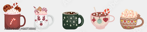 Many mugs of sweet hot chocolate on white background