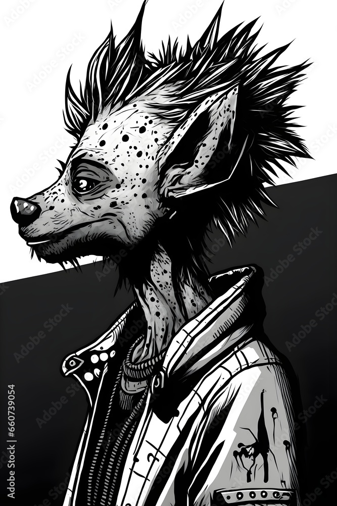 A hyena dressed up with human clothes cartooned african tribe zulu look