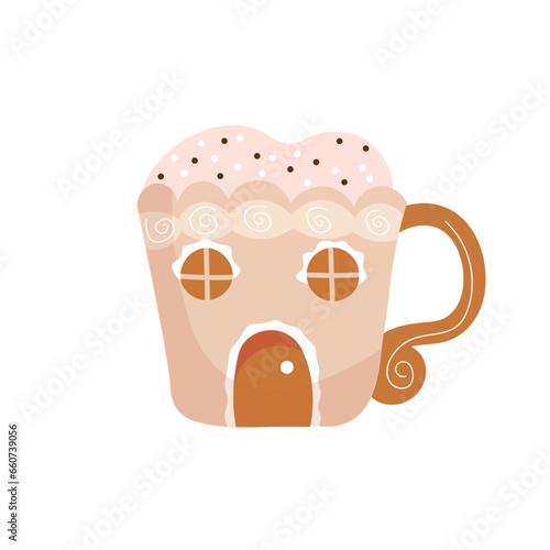 Mug of hot chocolate with whipped cream on white background