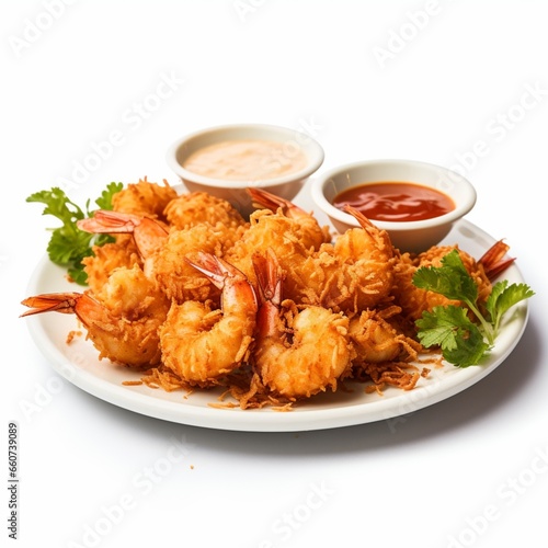 A platter of crispy coconut shrimp on a white background