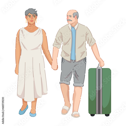 Senior couple of tourists on white background