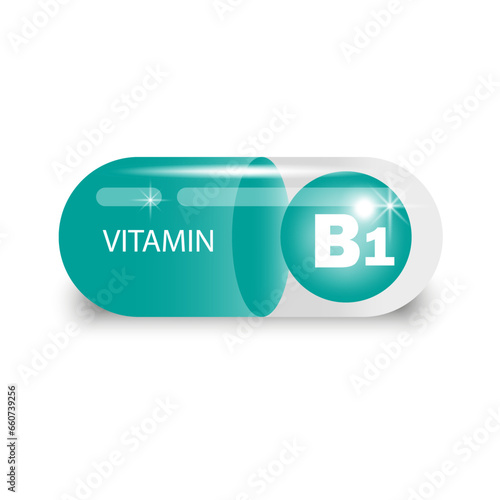 Vitamin B1 in green capsule. Health pill. Vector illustration. EPS 10.