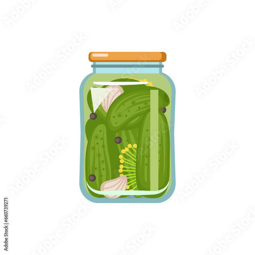 Jar of homemade pickled cucumbers on white background