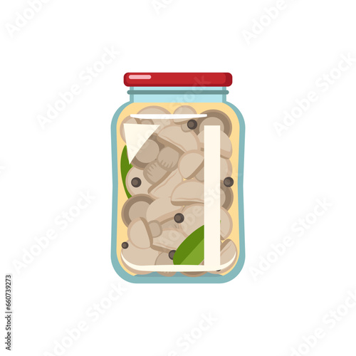Jar of homemade pickled mushrooms on white background