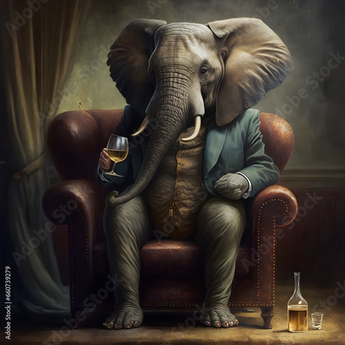 an elephant wearing a suit and drinking scotch old armchair oil portrait english aristocracy hd famous painting 