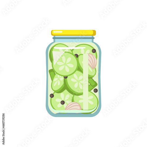 Jar of homemade pickled zucchini on white background