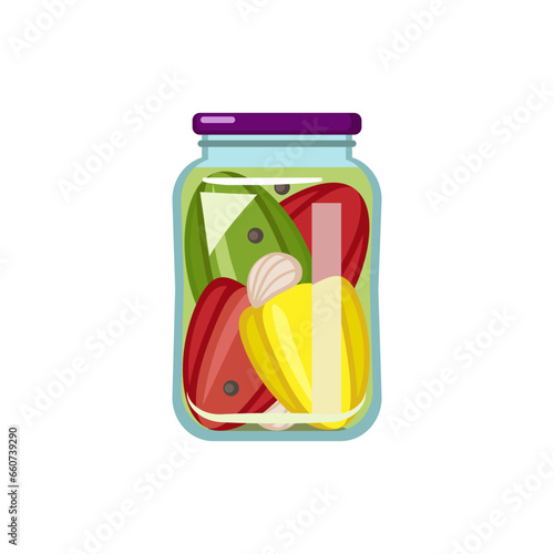 Jar of homemade pickled peppers on white background