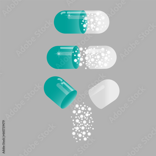 Set of green capsules with powder. Open, closed capsule with medicine. Health pill. Vector illustration. EPS 10.