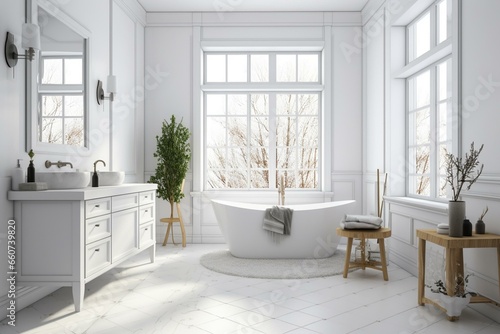 Bright bathroom with a clean  white aesthetic. Generative AI