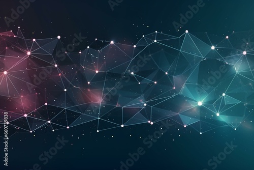 Website header or banner design featuring abstract geometric background, connecting dots and lines, and a global network connection. Digital technology with a plexus background and. Generative AI