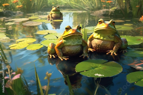 Frogs resting in a sunny pond. Generative AI © Artur