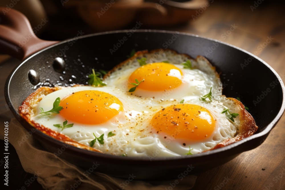 Fried eggs for breakfast. Background with selective focus and copy space Fried eggs for breakfast. Background with selective focus and copy space
