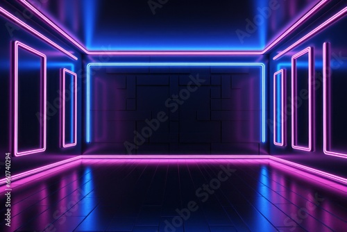 Empty room with futuristic neon light. Background with selective focus and copy space