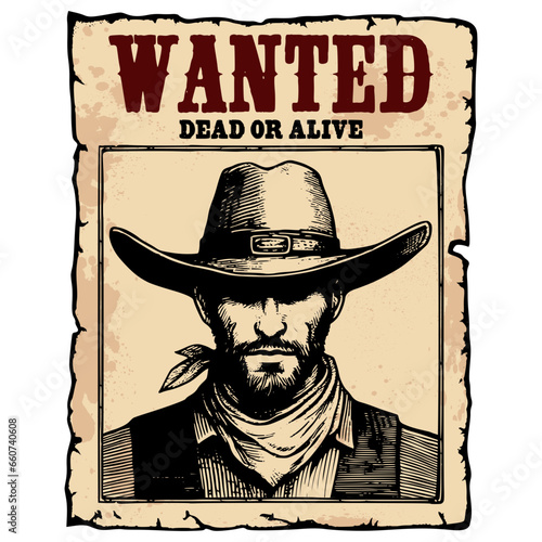 Vintage design of a wild west outlaw wanted poster. Western wanted poster vector illustration. Western cowboy sketch. Wanted bandit poster. Dead or alive wanted poster