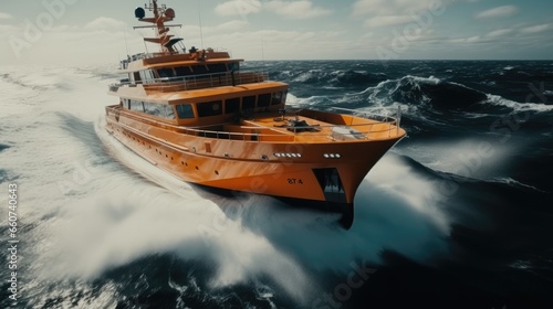 A huge orange boat navigating rough water. © visoot