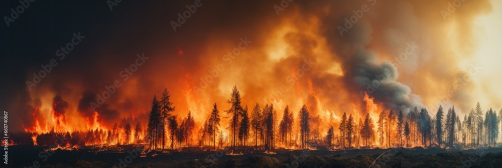 Obraz premium forest fire with trees on fire, generative AI