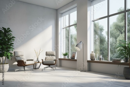 Minimalist office with armchairs, PCs on tables, windows. Light grey contemporary space. Generative AI © Caspian