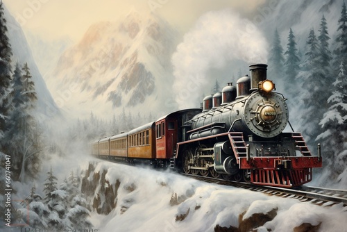 A steam train travels through a scenic winter landscape. Generative AI