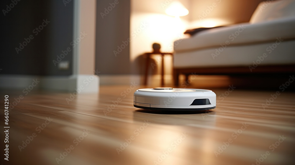 Smart home, white robot vacuum cleaner in modern interior. - obrazy, fototapety, plakaty 