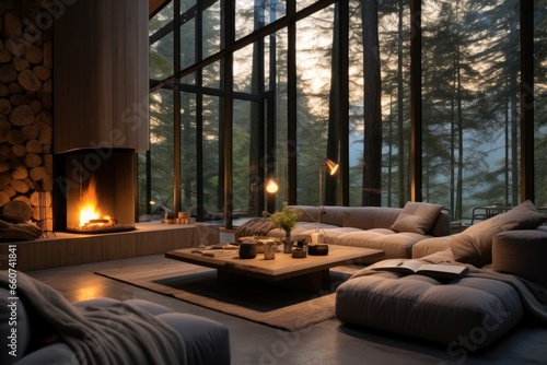 Luxurious hall in minimalism style with a fireplace and window, Forest outside.