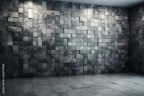 3D rendering of a textured stone wall background with square tiles. Generative AI