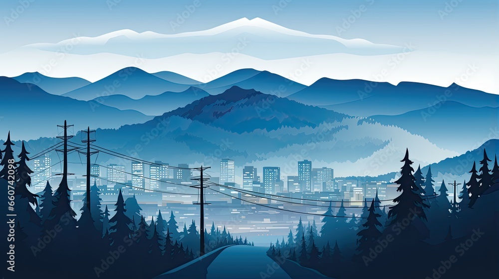 AI-generated illustration of a foggy morning mountain scene. MidJourney.