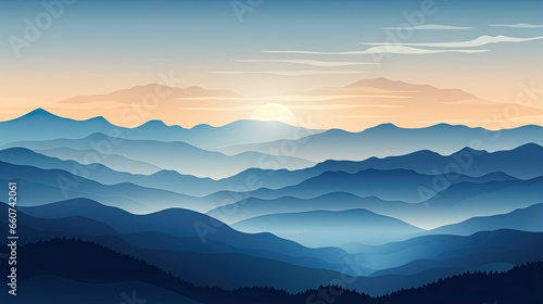 AI-generated illustration of a foggy morning mountain scene. MidJourney.