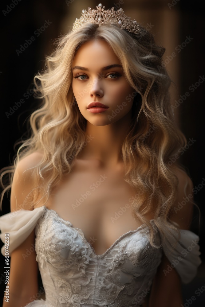 Portrait of a bride with blue eyes with long blonde wavy hair and a delicate tiara on her head. Portrait of a bride with blue eyes with long blonde wavy hair and a delicate tiara on her head.