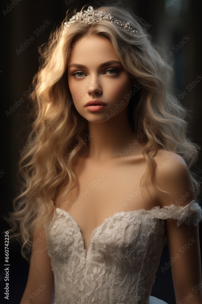 Portrait of a bride with blue eyes with long blonde wavy hair and a delicate tiara on her head.