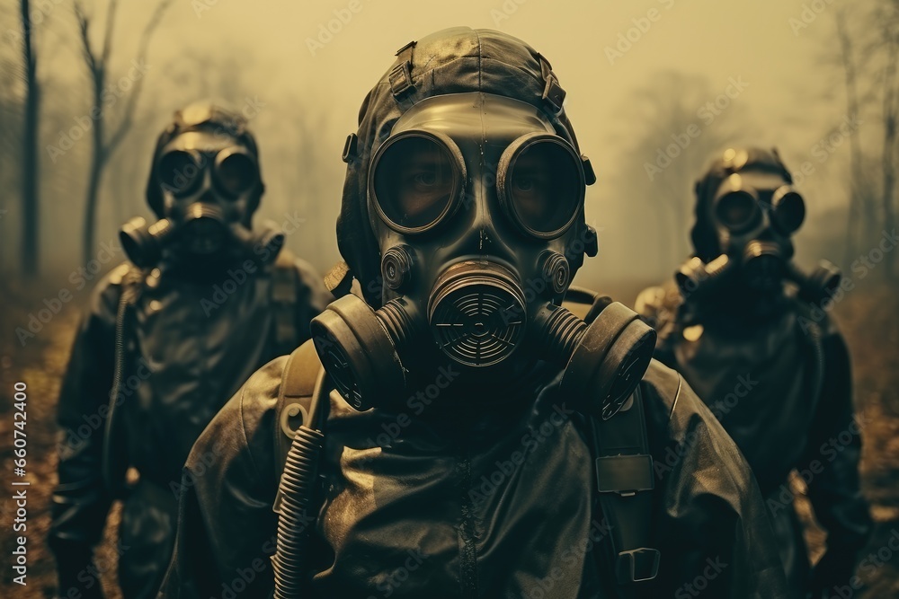 Soldiers wearing gas masks. Soldiers wearing gas masks.