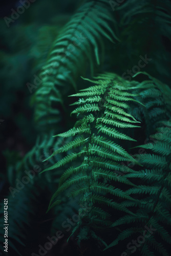 Native fern branches in a dark natural forest  with beautiful green leaves and silver cool cinematic lighting. Dark rainforest  subtropical  close up nature photography of plants and trees