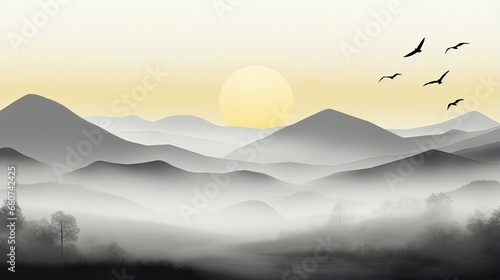 AI-generated illustration of a foggy morning mountain scene. MidJourney. © EAStevens