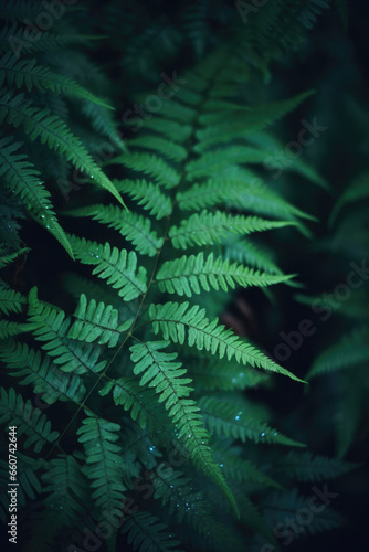 Native fern branches in a dark natural forest  with beautiful green leaves and silver cool cinematic lighting. Dark rainforest  subtropical  close up nature photography of plants and trees