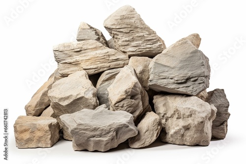 Stacked limestone rocks on white background, clipped for construction site. Generative AI photo