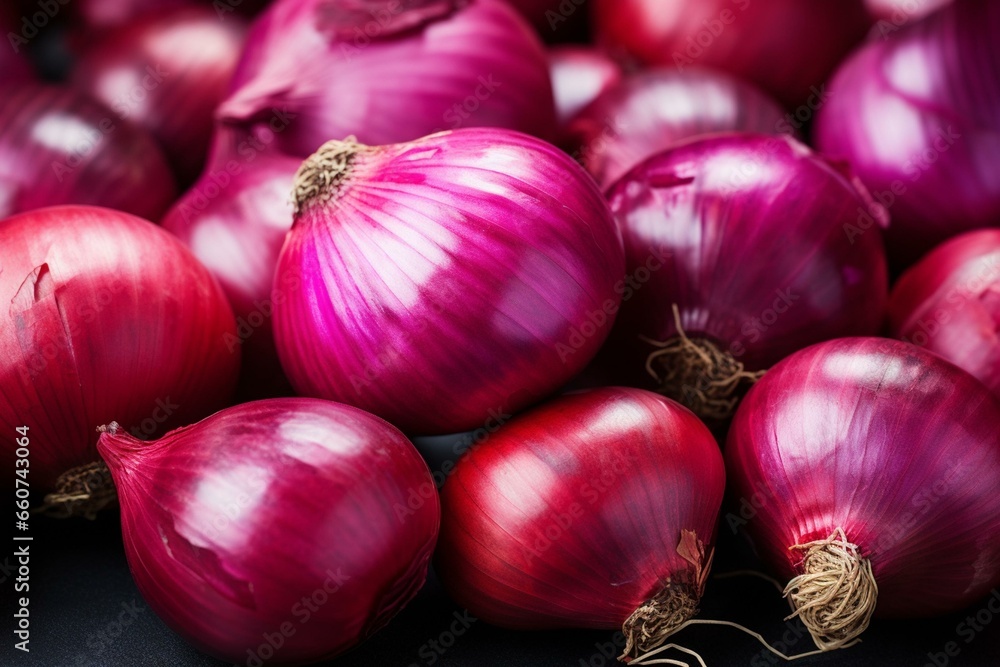 Concept: vegetable-themed healthy cooking. Premium close-up view of red onions. Generative AI