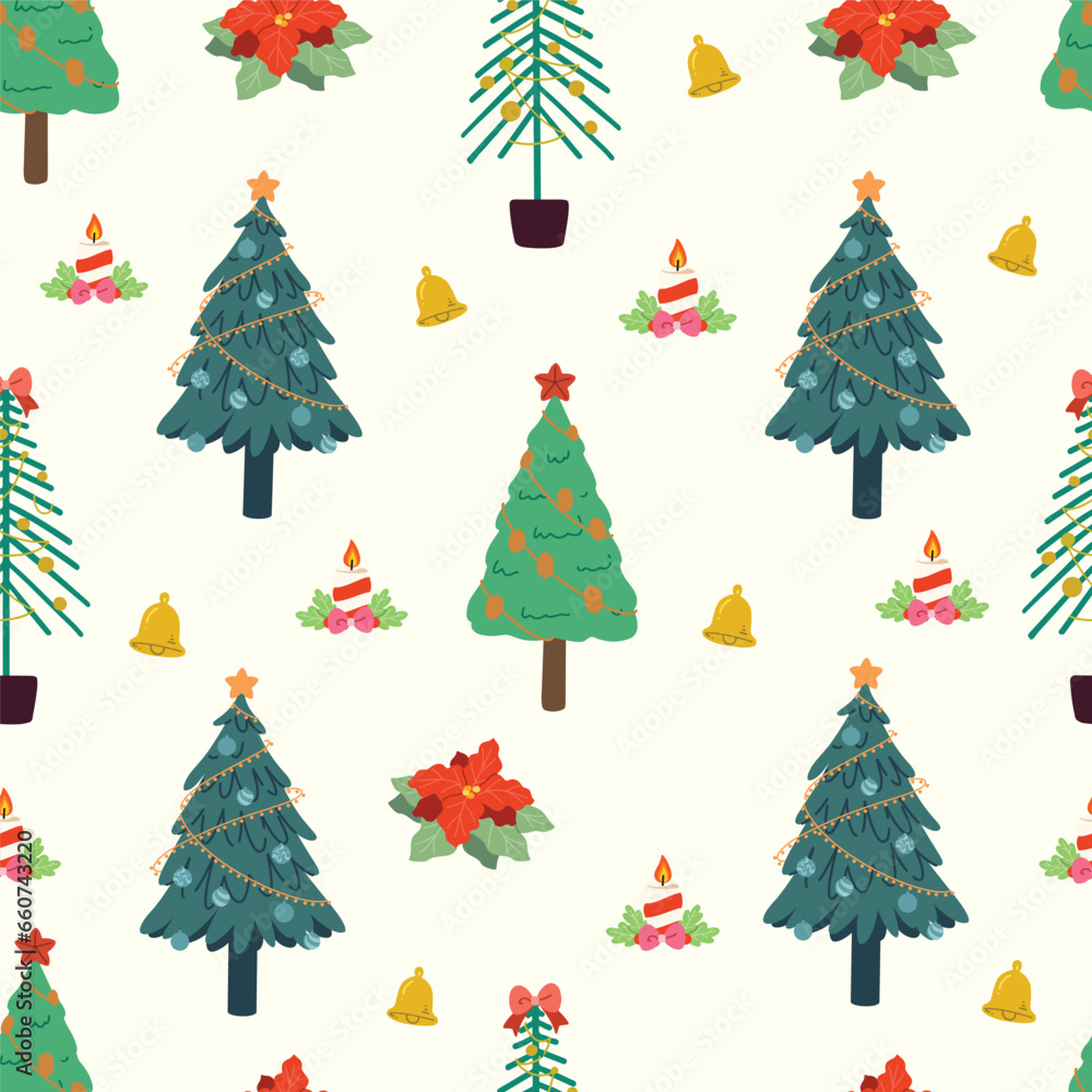 Seamless pattern of christmas tree with christmas traditional element cartoon, candles flower and lollipops, Christmas decoration ornament, Vector illustration.