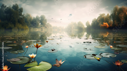A serene lake into a mesmerizing scene with levitating lily pads and reflective butterflies photo
