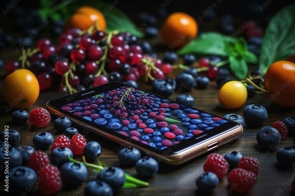 Fresh blueberry fruit on a background of vegetables, photographed vertically using a mobile phone. Generative AI - obrazy, fototapety, plakaty 