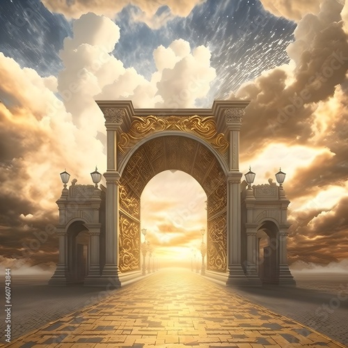 gilded cobblestone path leading to a towering ornate gateway mammatus clouds volumetric lighting highly detailed golden hour  photo